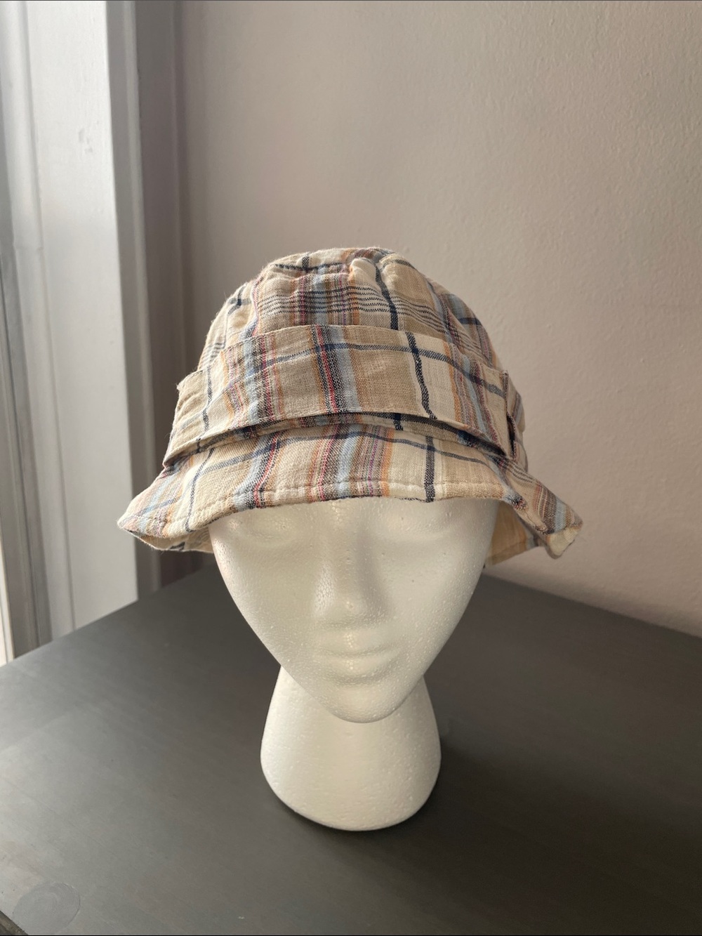 Beige Plaid Cotton Bucket Hat